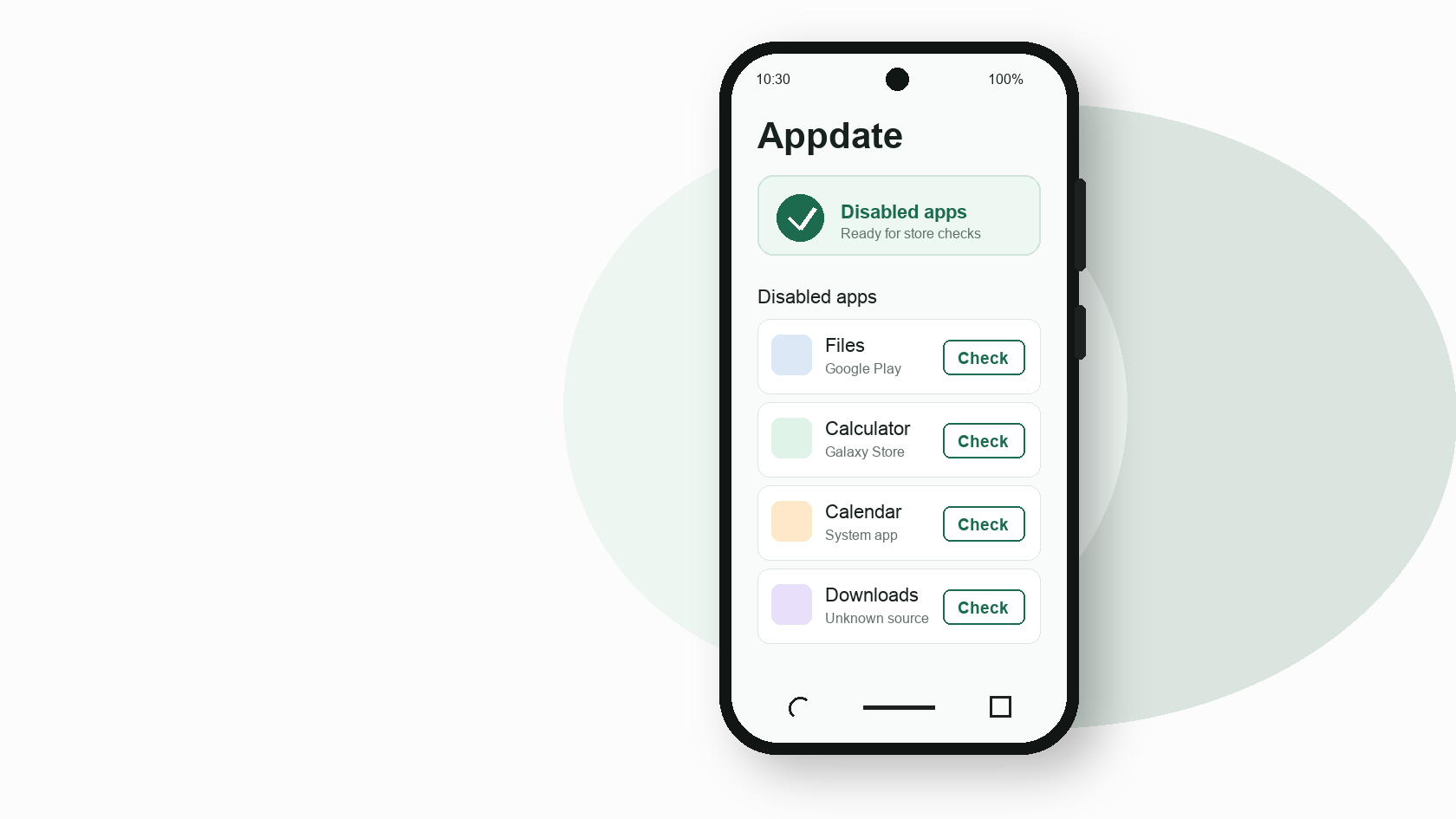 Android phone mockup showing the Appdate disabled apps screen